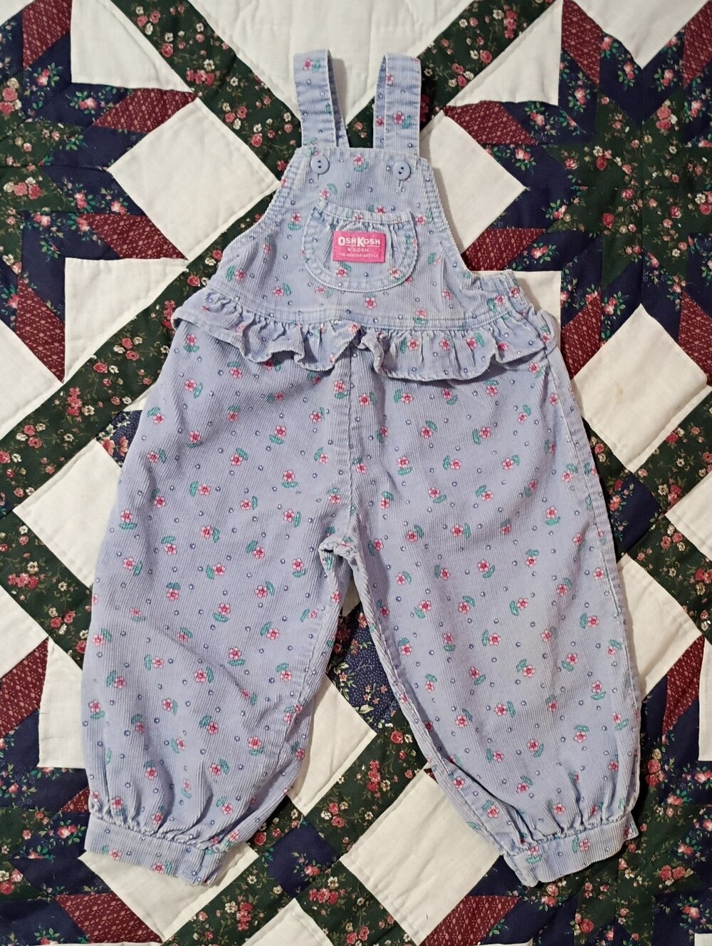 Vintage Oshkosh Blue Floral Corduroy Overalls Girls 2T